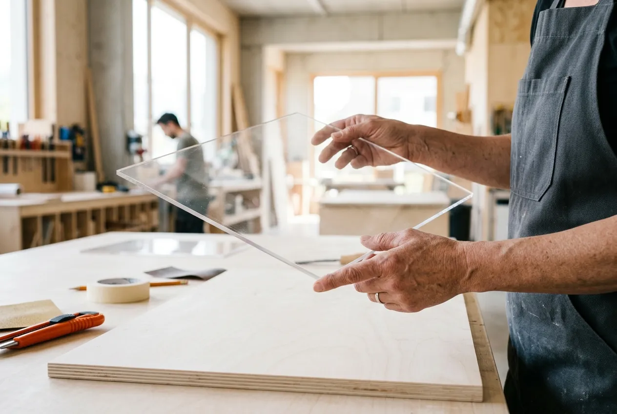 Hände prüfen eine klare Acrylglas-Platte in einer hellen Werkstatt