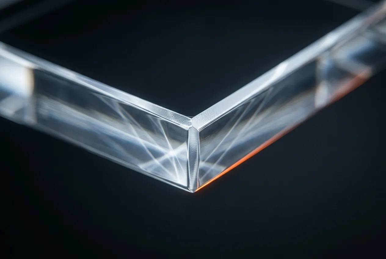 Präzise geschnittene und polierte Kante einer transparenten Acrylglas-Platte